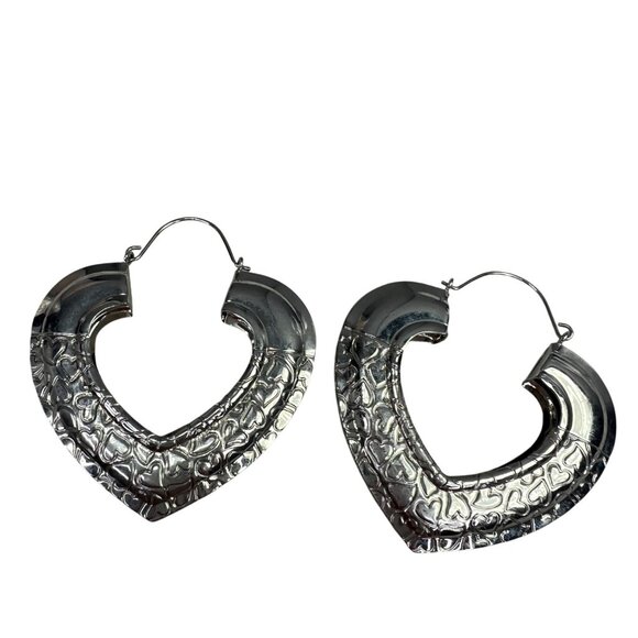 Large Puffy Heart Earrings Silver Tone Embossed Hoops Puffed Romantic - Picture 1 of 5